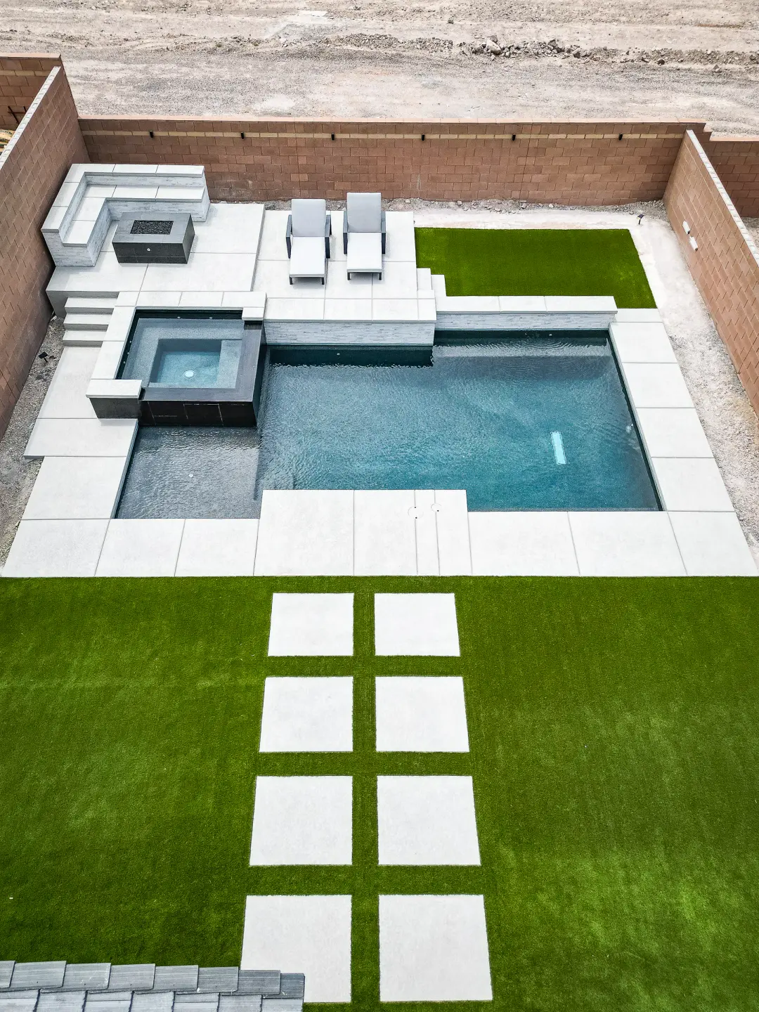 Completed geometric pool and spa viewed from above